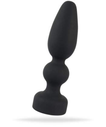 Svart analplugg tillverkad av högkvalitativ silikon. Mjuk och len form med en gradvist ökande form och en utfyllande kula.