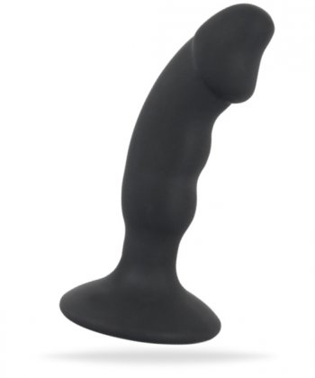 Svart analplugg med en vågig och lätt böjd form. Uppladdningsbar. 7 olika funktioner. Bred bas. P-punkts stimulering. Enkel.