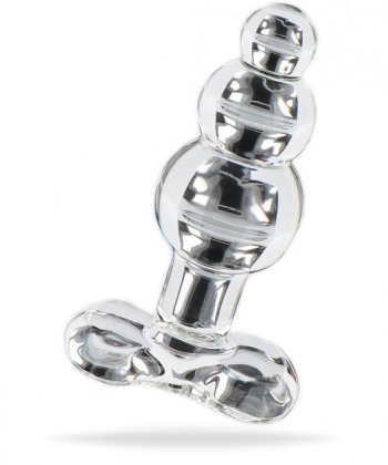 Transparant analplugg tillverkad av högkvalitativ och temperaturkänsligt glas. Den har en smal nacke och bred bas.