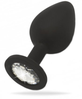 Svart analplugg tillverkad av supermjuk silikon med en klar sten i botten. En klassisk form som gör den enkel att använda.