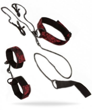 Högkvalitativt set innehållande halsband, koppel, handklovar och nippelklämmor. Belagda klämmor. Justerbar passform.