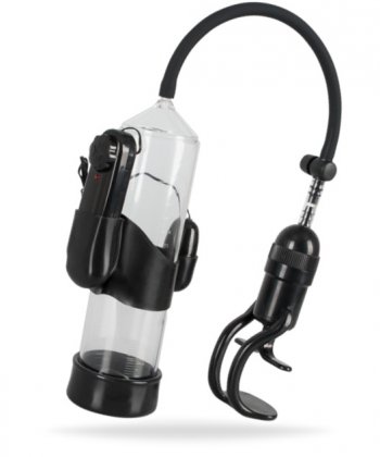 Vibrerande penispump som är enkel att använda. Avtagbar multispeed vibrator. Batteridriven. Praktiskt handtag. PVC.