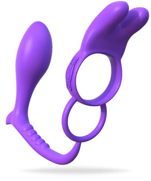 Lila penisring med en analplugg som sitter fast. Tillverkad av mjuk silikon. Batteridrivna vibratorer som är fjärrstyrda.