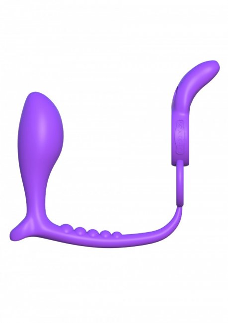 Lila penisring med en analplugg som sitter fast. Tillverkad av mjuk silikon. Batteridrivna vibratorer som är fjärrstyrda.