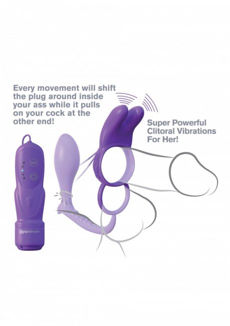 Lila penisring med en analplugg som sitter fast. Tillverkad av mjuk silikon. Batteridrivna vibratorer som är fjärrstyrda.