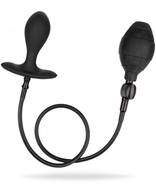 Svart uppblåsbar analplugg tillverkad av mjuk silikon. Enkel att använda med tyngd i pluggen. Håller formen utan slangen.