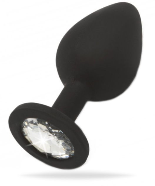 Svart analplugg tillverkad av supermjuk silikon med en klar sten i botten. En klassisk form som gör den enkel att använda.