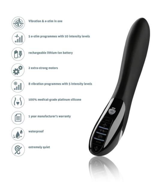 Uppladdningsbar e-stim vibrator tillverkad av högkvalitativ silikon. Helt vattentät. 2 superstarka motorer. Många funktioner.