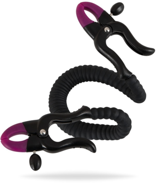Svart sexleksak särar på blygdläpparna och blottar klitoris. Justerbar metallstång och supermjuk silikon. Justerbara klämmor.