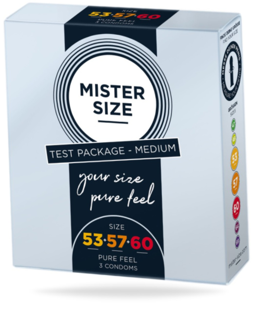 Ett paket med kondomer i flera olika storlekar för de som inte hittad den perfekta diametern än. Naturgummilatex. Enkla.