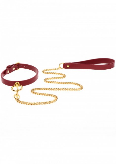 Guldigt nickelfri kedja av metall med en rött halsband tillverkade av högkvalitativ PU-läder. Slitstarkt material.