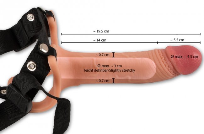 Ihålig strap on dildo med avtagbar och justerbar sele. Bekväma material och hål för pungen. Realistisk. Enkel användning.