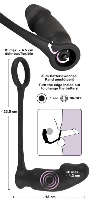 Vibrerande analplugg med en penisring. Flexibel ring och supermjukt silikon material. Enkel att använda. Penis formad plugg.