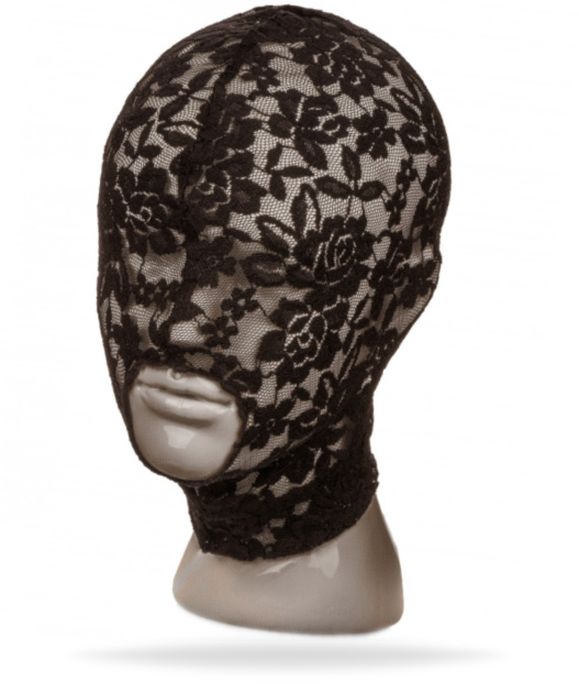 Vacker spets huva tillverkad av polyester. Bekvämt flexibelt material som formas efter huvudet. Öppen mun och stängda ögon.