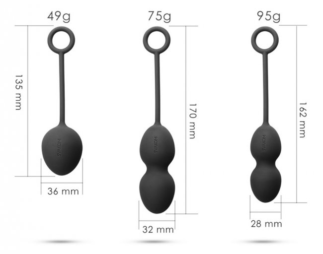 Set med tre olika stora vaginalkulor. Stretchigt band. Tillverkad av supermjuk silikon med en roterande vikt inuti. Enkel.