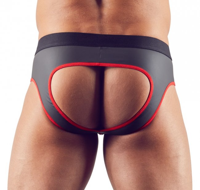 Svarta jock kalsonger med röda detaljer. Dragkedja framtill över paketet och en öppen bakdel. Bekvämt material. Sexig look.