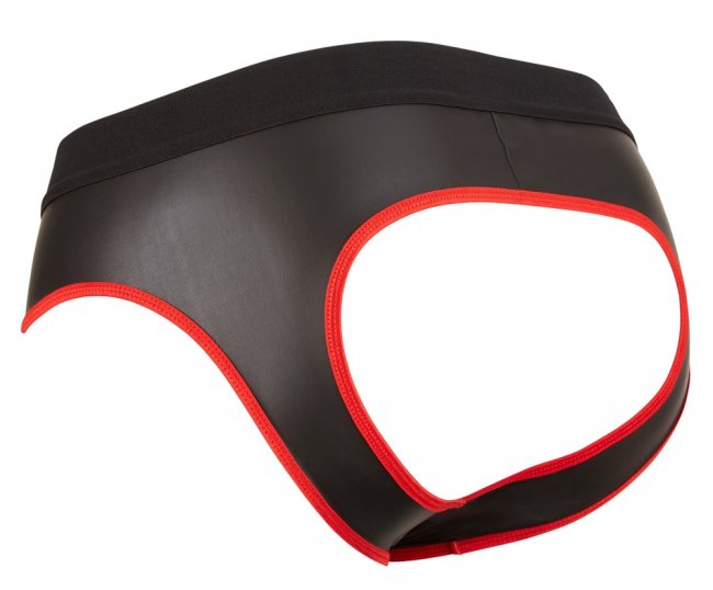 Svarta jock kalsonger med röda detaljer. Dragkedja framtill över paketet och en öppen bakdel. Bekvämt material. Sexig look.