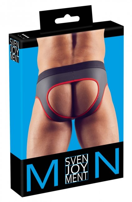 Svarta jock kalsonger med röda detaljer. Dragkedja framtill över paketet och en öppen bakdel. Bekvämt material. Sexig look.