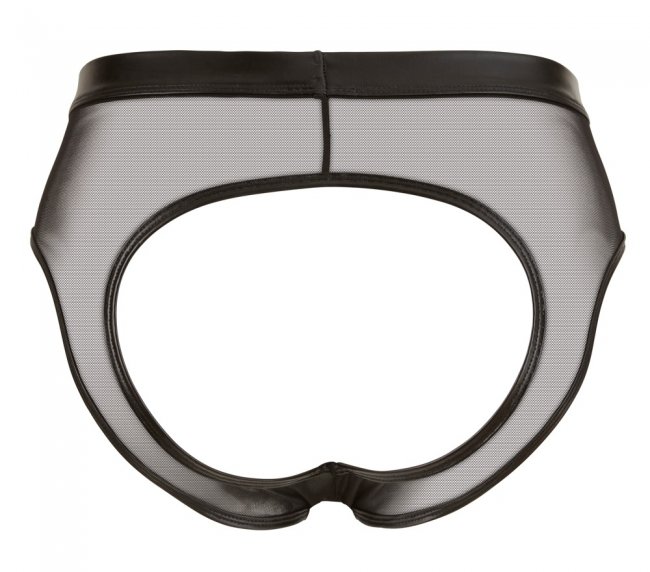 Svarta jock kalsonger i ett semi-transparent tyg med glansiga detaljer. Helt öppen baktill. Sexig och iögonfallande look.