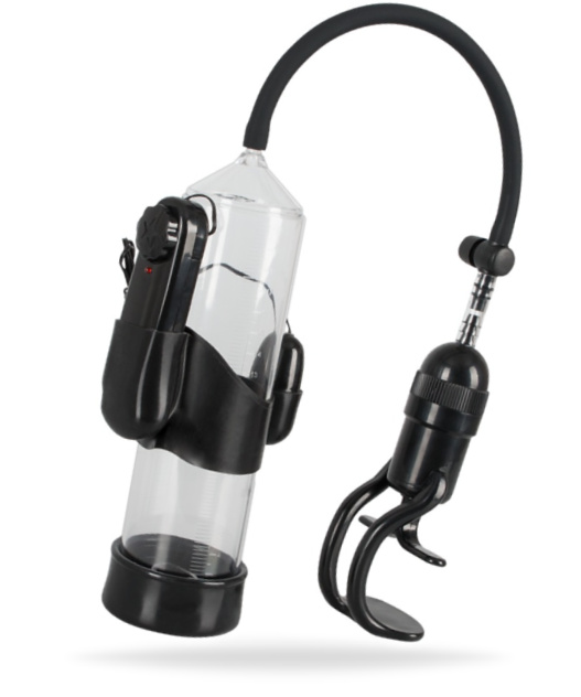 Vibrerande penispump som är enkel att använda. Avtagbar multispeed vibrator. Batteridriven. Praktiskt handtag. PVC.