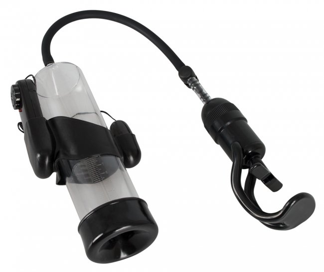 Vibrerande penispump som är enkel att använda. Avtagbar multispeed vibrator. Batteridriven. Praktiskt handtag. PVC.