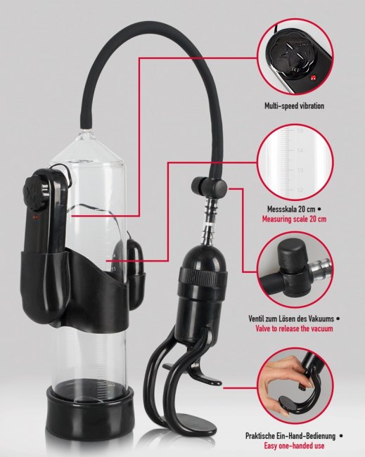 Vibrerande penispump som är enkel att använda. Avtagbar multispeed vibrator. Batteridriven. Praktiskt handtag. PVC.