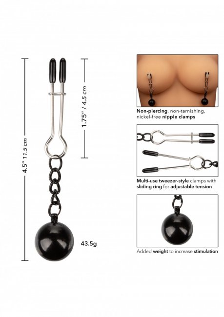Nippelklämmor med vikt som ökar njutningen. Med vadderade tippar och justerbart tryck. Högkvalitativa material.