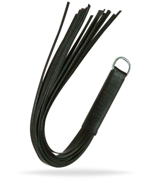 Svart frans piska tillverkad av mjukt läder och har flera fransar som skönt snärtar huden med ett praktiskt handtag.